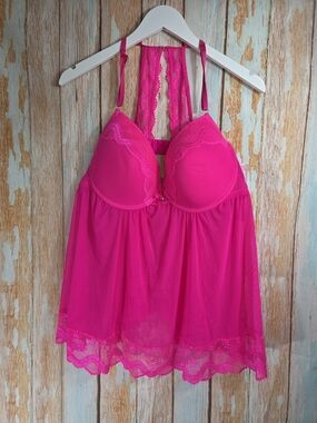 Seven Til Midnight Hot Pink Lace-Trim Babydoll Nightie. Plus Size